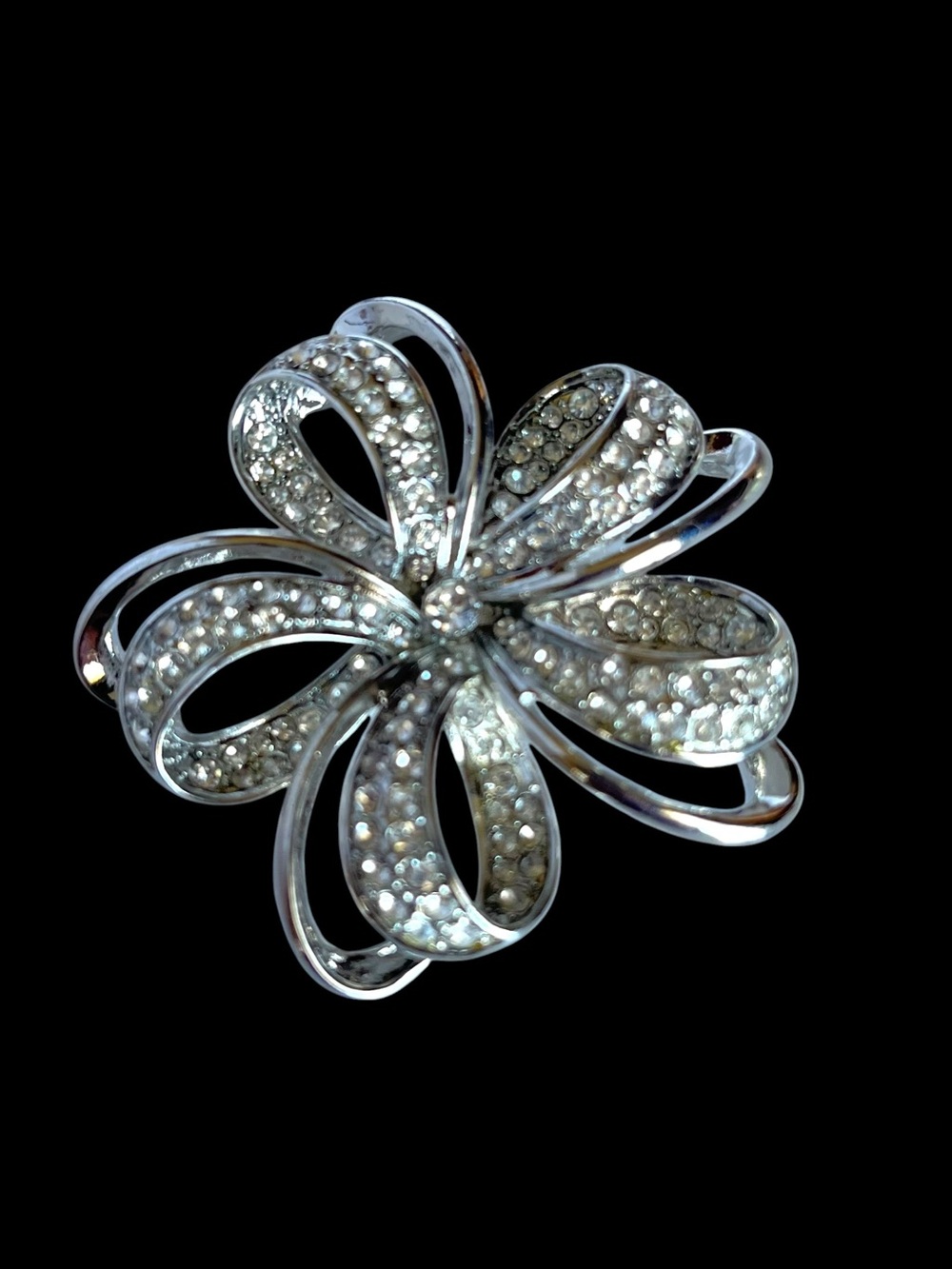 Monet Silver Ribbon Flower Rhinestone Statement Brooch - Picture 3 of 4